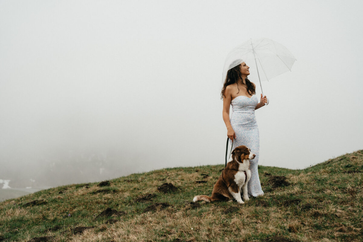 Regenhochzeit die Braut unterm Regenschirm