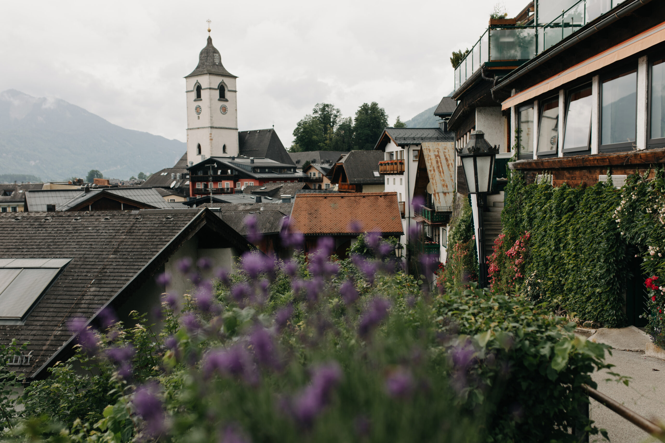 Dorfansicht mit Kirche, umgeben von Bergen und blühenden Pflanzen im Vordergrund.